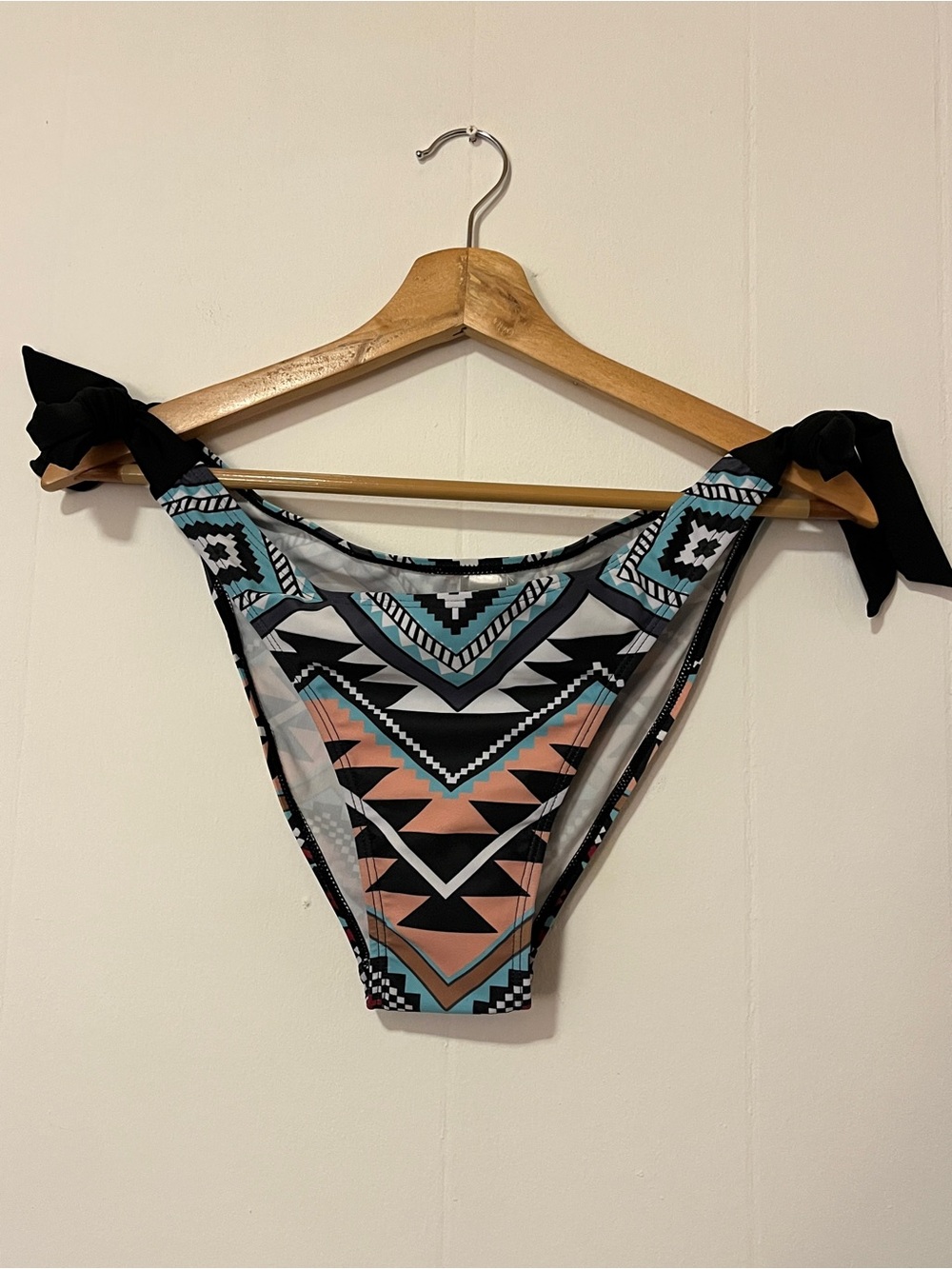 Aztec Print Tie-Side Bikini Bottoms - Black, Teal, Peach